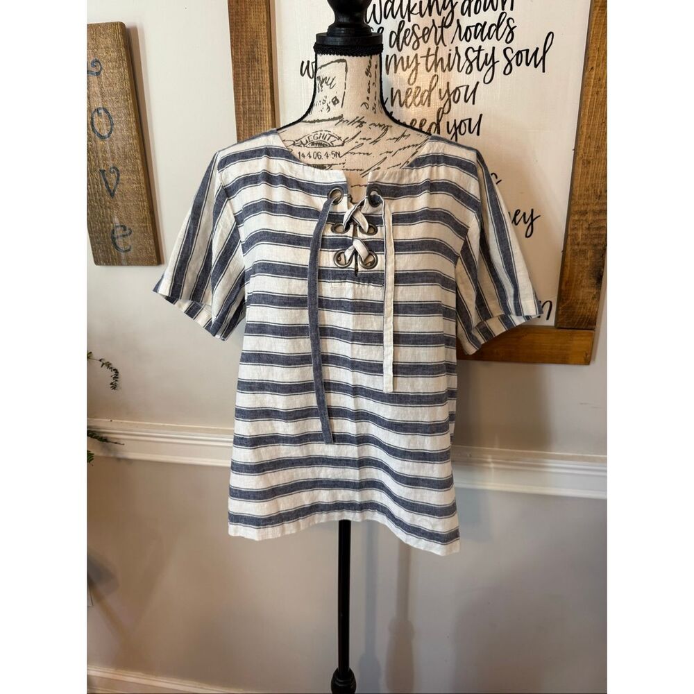 Madewell Women's Striped Linen Cotton Blend Lace-up Top Blue White Large